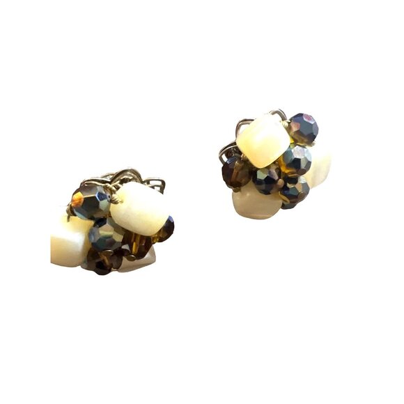 Vintage Clip-on Earrings AB MOP Haskell Era Filagree Back Smoky Quartz Look - Picture 8 of 16